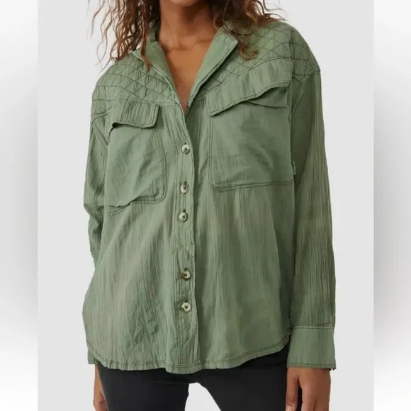 Free People We the Free Green Quilted Stitch Yoke Button up-shirt button down - Picture 1 of 14